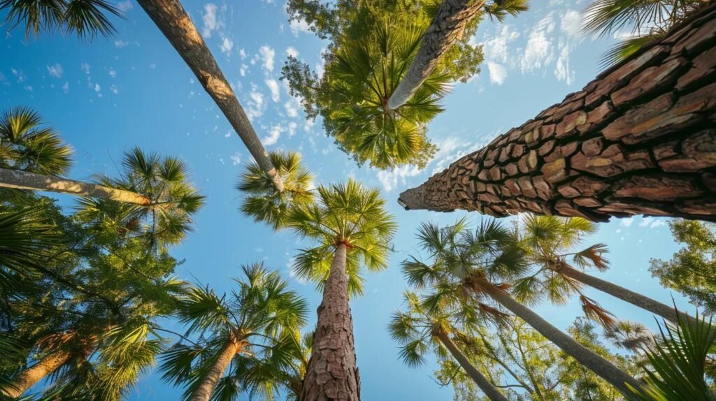 Tall palm trees and pines against a blue sky, representing the natural landscape of Port Orange, relevant to emergency tree removal services.