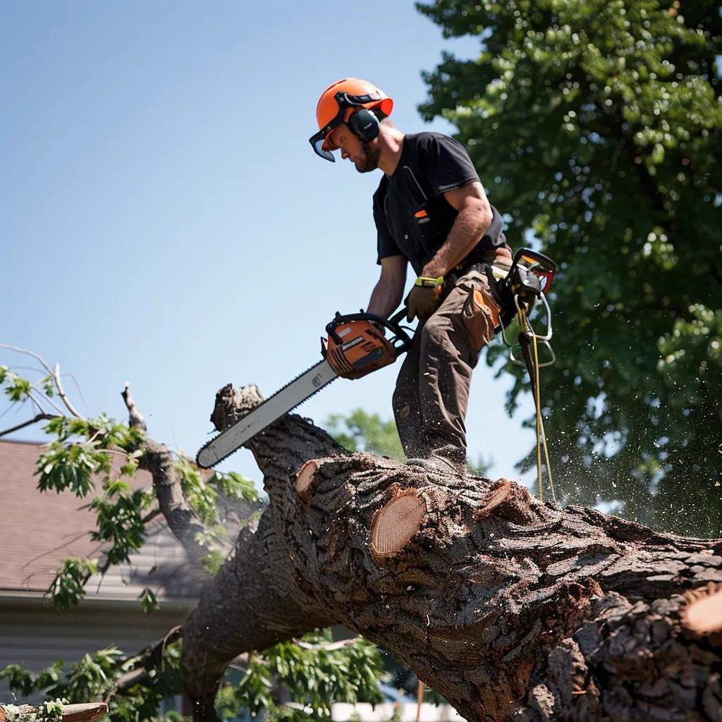 Tree service professional using chainsaw to remove large branch, emphasizing emergency tree removal in Port Orange.