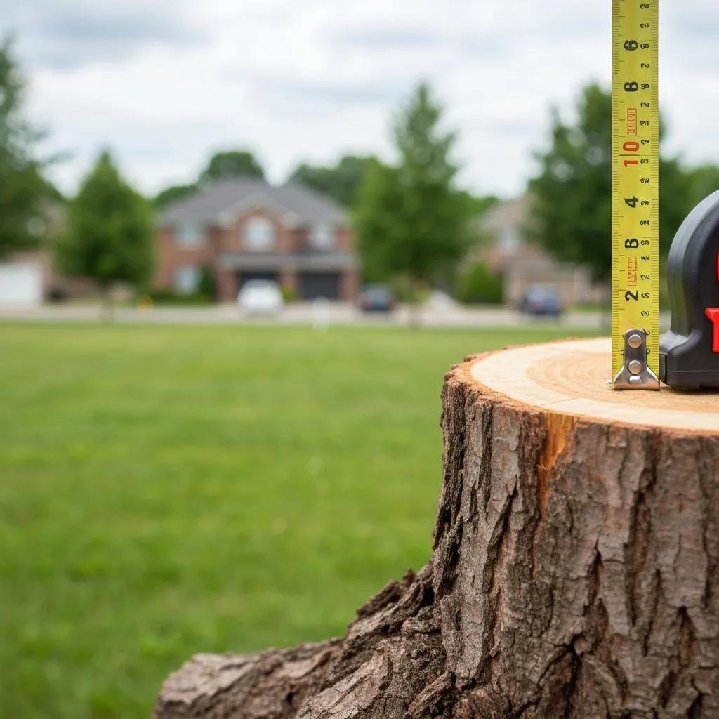 Tree stump with measuring tape, emphasizing tree removal costs and assessment for Port Orange homeowners.