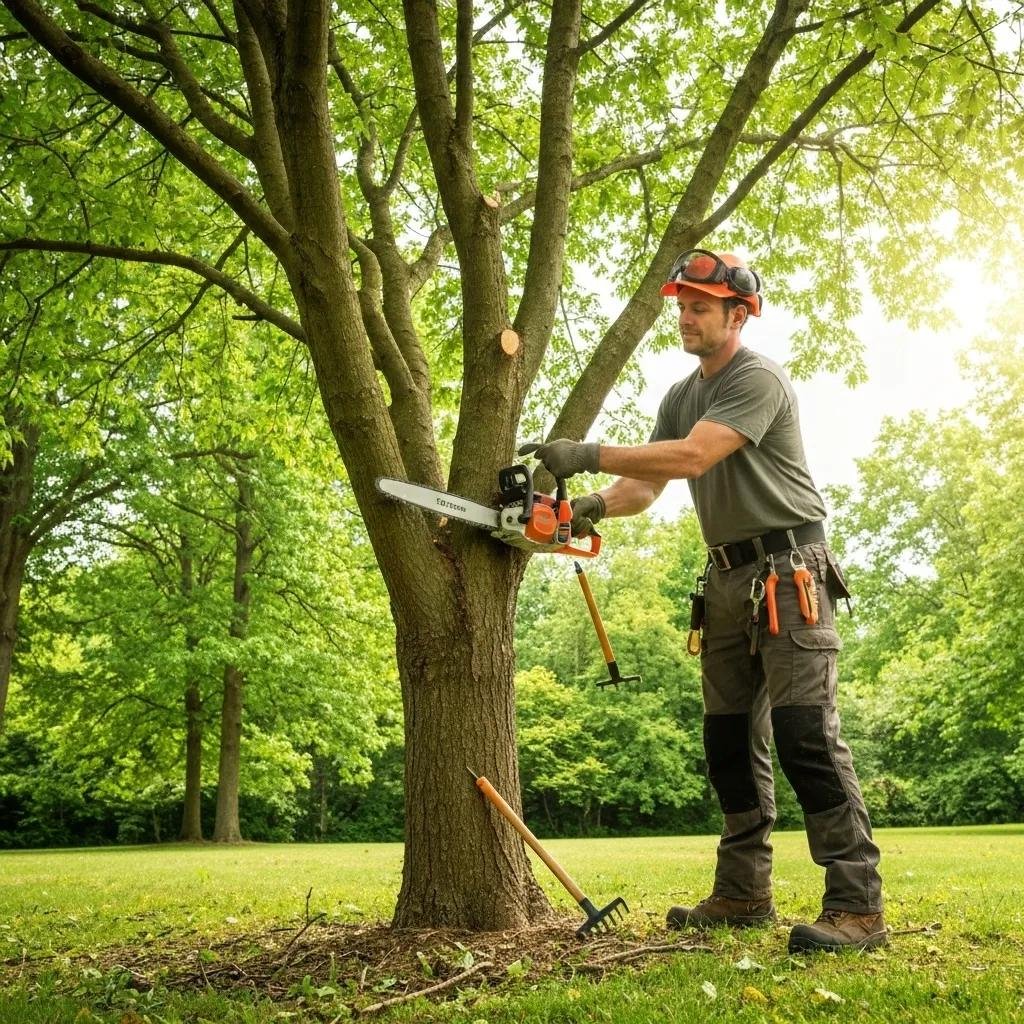 Tree service professional using a chainsaw to trim branches, surrounded by lush green foliage in Port Orange, emphasizing tree maintenance and safety.