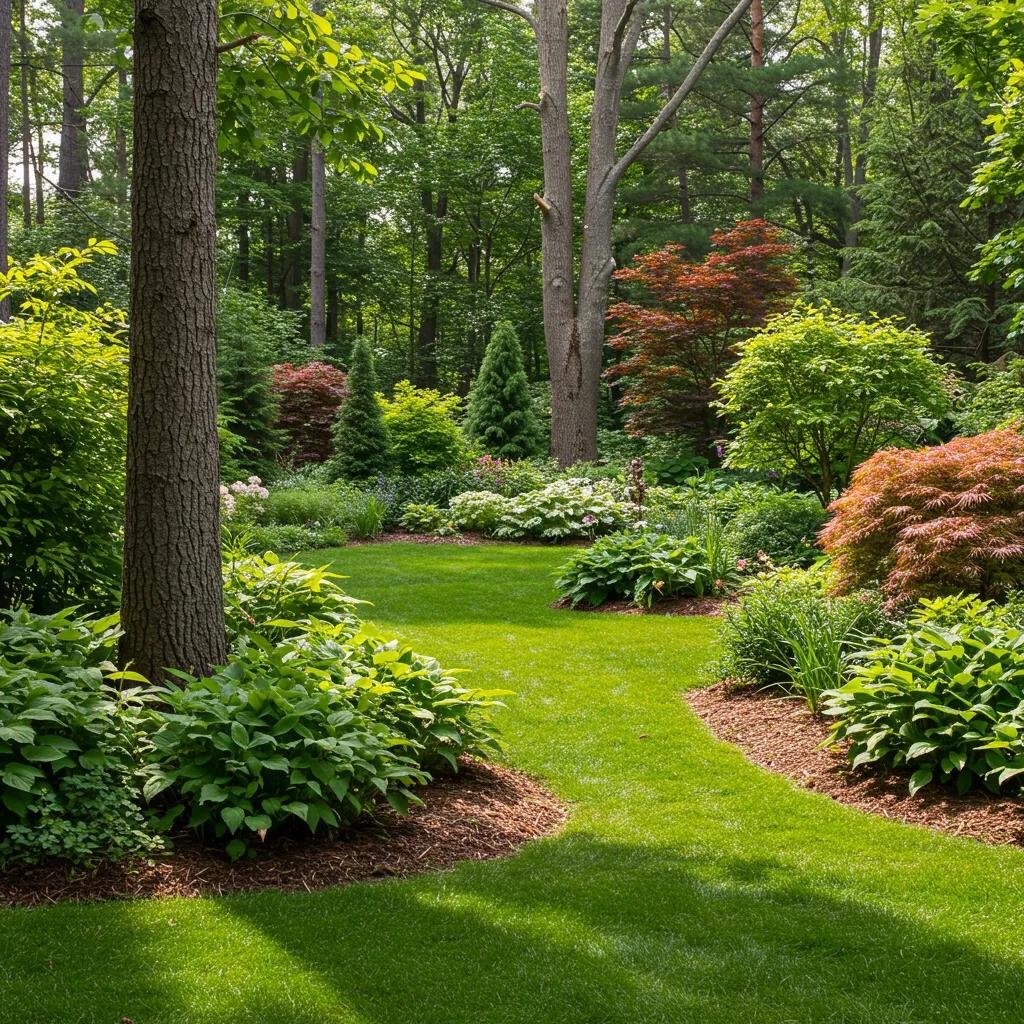 Lush garden landscape with healthy trees and vibrant flower beds, illustrating the benefits of tree removal for enhancing property aesthetics and promoting plant vitality.