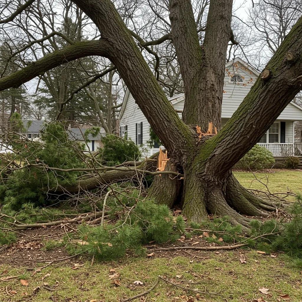 Broken tree trunk with fallen branches in front of a residential house, illustrating the risks of improper tree maintenance and the need for professional tree removal services in Port Orange.