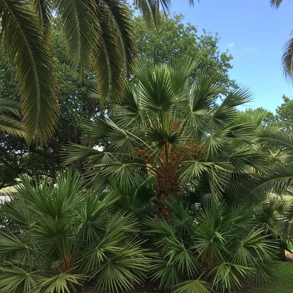Palm trees in lush green setting, showcasing distinct frond structures and healthy foliage, relevant to specialized trimming techniques in Port Orange.