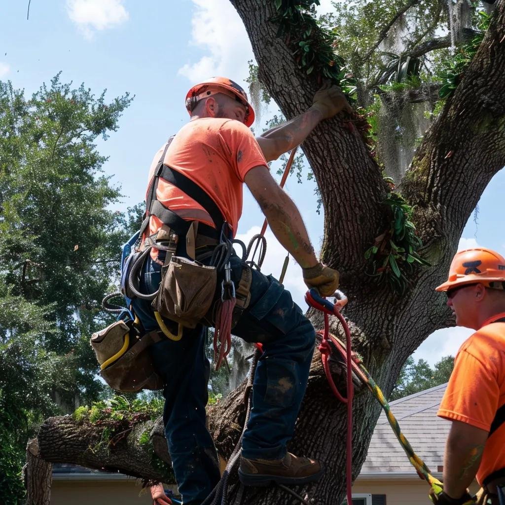 Tree service professionals in orange shirts using climbing gear to trim a large tree in Port Orange, Florida, highlighting local tree care expertise.
