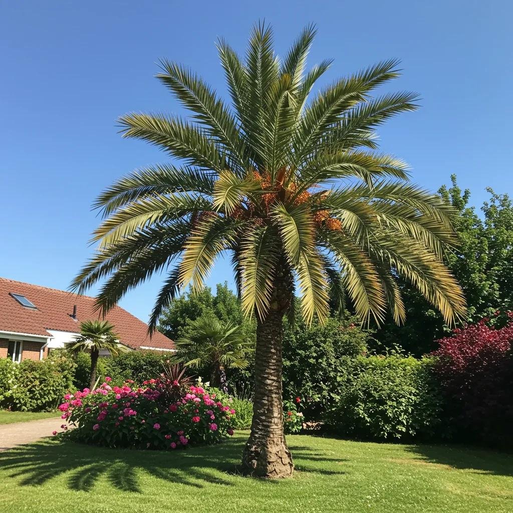 Palm tree in a landscaped yard showcasing healthy fronds and vibrant flowers, emphasizing the importance of professional trimming for optimal growth and curb appeal in Port Orange.