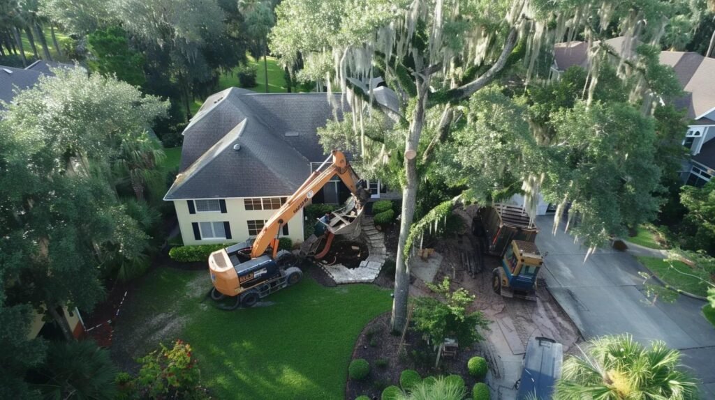 Excavator performing tree removal near residential property, showcasing tree care services and equipment in Port Orange, FL.