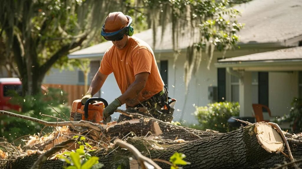 Tree removal professional using a chainsaw to cut a fallen tree in a residential area, showcasing safety gear and debris management.