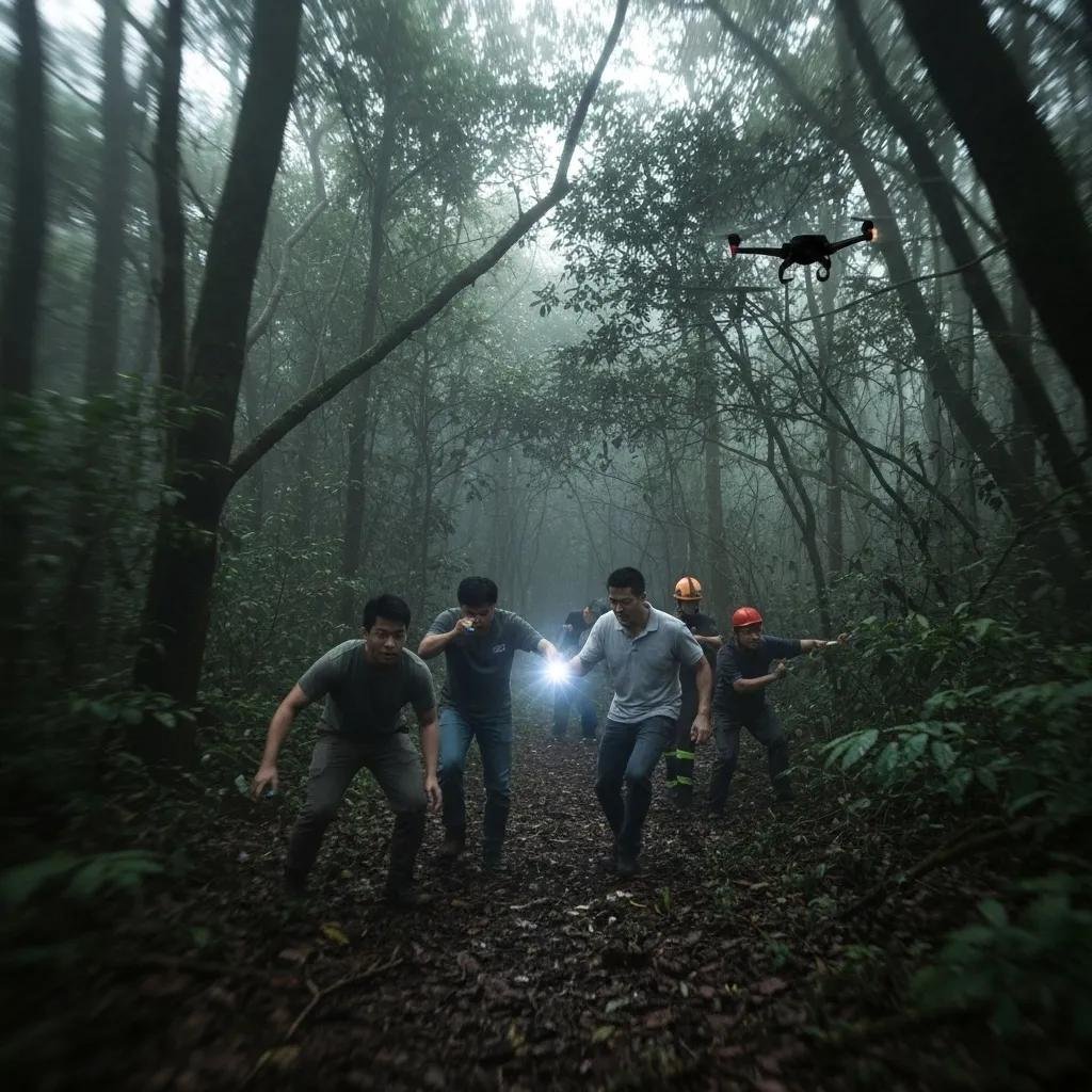 Group of individuals navigating a foggy forest, carrying flashlights and tools, with a drone flying overhead, highlighting emergency tree service operations in challenging conditions.