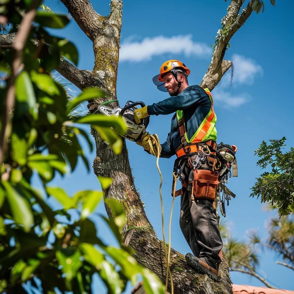 Professional arborist trimming a tree in an Orlando backyard, emphasizing affordable tree care services