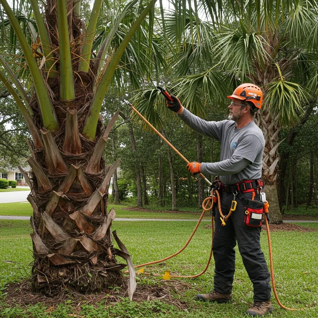 Arborist pruning palm tree using specialized equipment in Port Orange, showcasing professional tree care services for healthier landscapes.