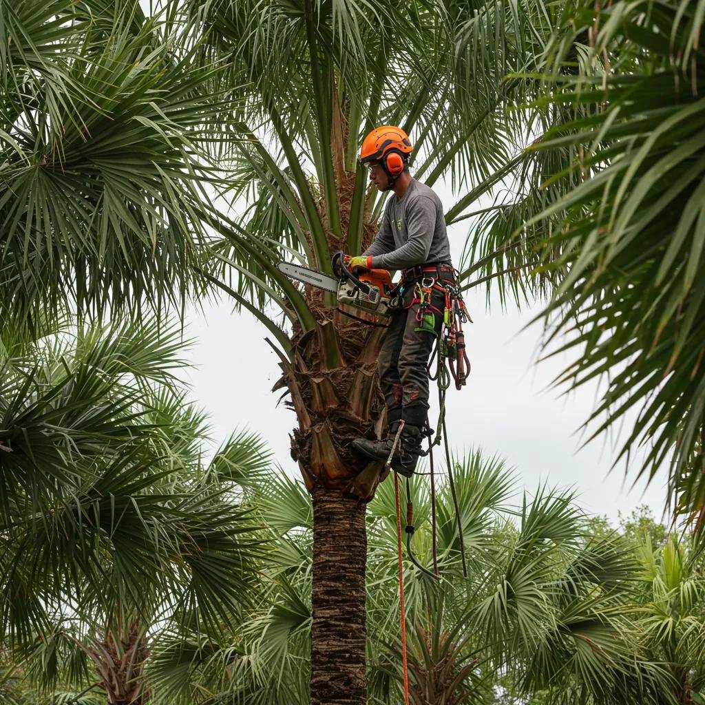 Certified arborist using chainsaw for palm tree trimming, surrounded by lush palm foliage, emphasizing expert tree care in Port Orange.