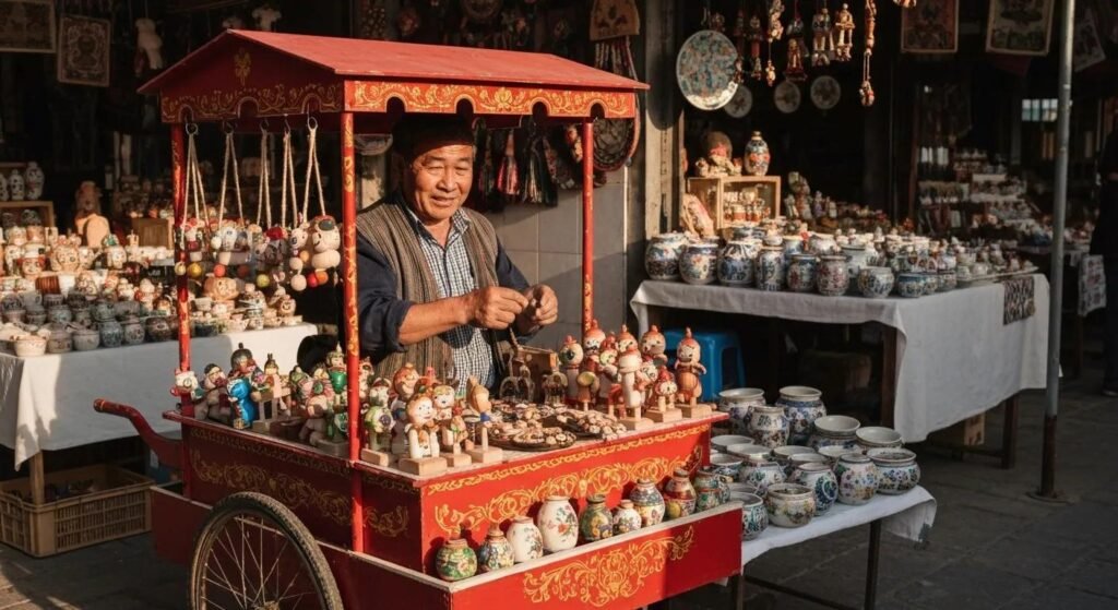 Vendor selling handcrafted pottery and figurines from a colorful cart in a bustling market, surrounded by various decorative items and pottery displayed on tables.