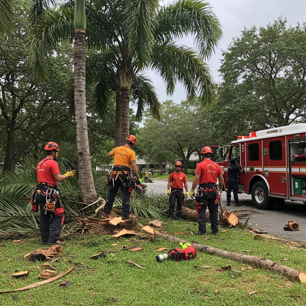 Emergency palm tree service crew performing tree trimming and cleanup, with fallen fronds and equipment visible, near fire truck in residential area of Port Orange.