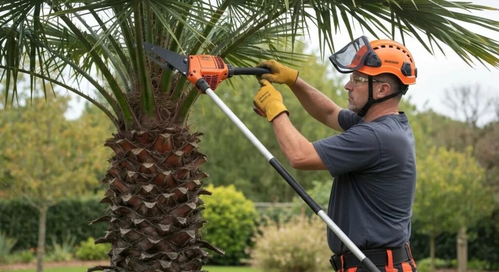 Professional arborist using pole saw to trim palm tree fronds for maintenance and health in Port Orange's subtropical climate.