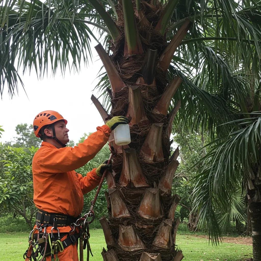 Certified arborist applying treatment to palm tree, wearing safety gear, in lush green landscape, illustrating palm tree disease management services in Port Orange.