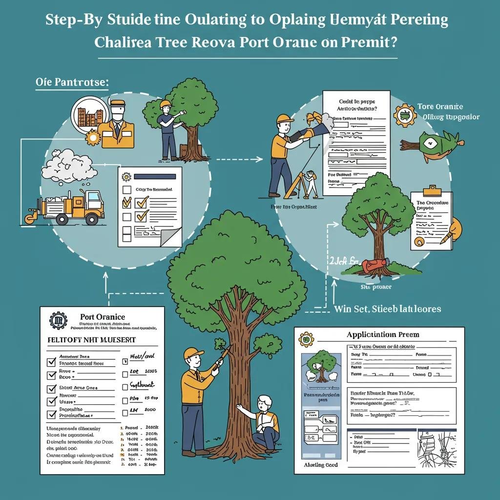 Infographic illustrating the tree removal permit process in Port Orange, featuring steps like application submission, site inspection, and tree assessment by professionals, emphasizing tree care and compliance with local regulations.