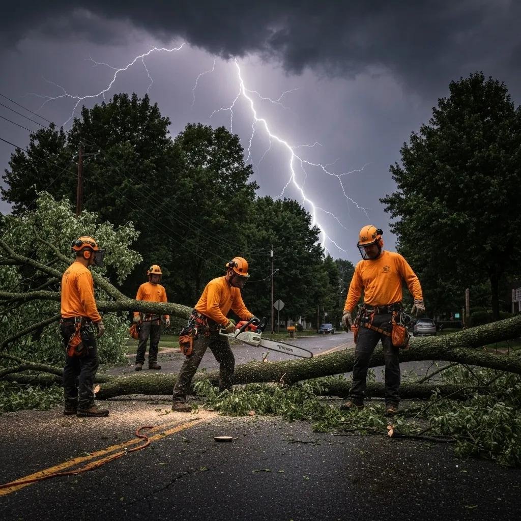 Tree service professionals in orange safety gear using chainsaws to remove fallen branches during a storm, with dark clouds and lightning in the background, emphasizing emergency tree services in Port Orange.