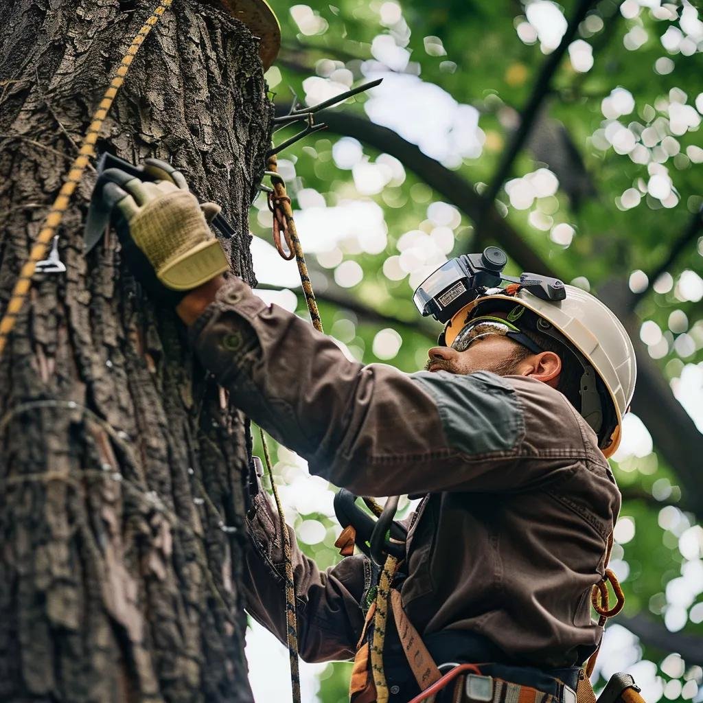 Arborist inspecting tree trunk with safety gear and climbing equipment, emphasizing expert tree assessment for emergency removal services in Port Orange.