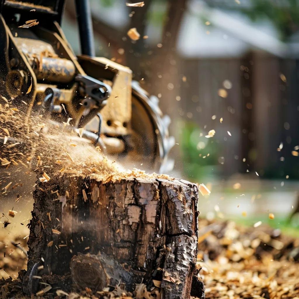 Stump grinding process with wood chips and dust flying around, showcasing equipment used for safe tree removal and yard restoration in Port Orange, Florida.
