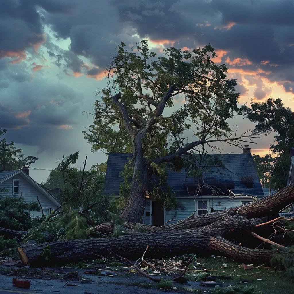 Fallen tree causing damage to a house, with broken limbs and debris scattered on the ground, illustrating the aftermath of storm damage in Port Orange.
