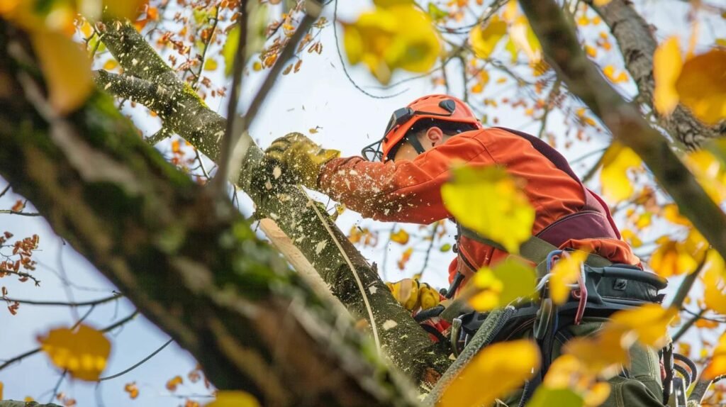 Tree service professional in safety gear performing tree cutting, surrounded by autumn leaves, demonstrating expert tree care techniques.