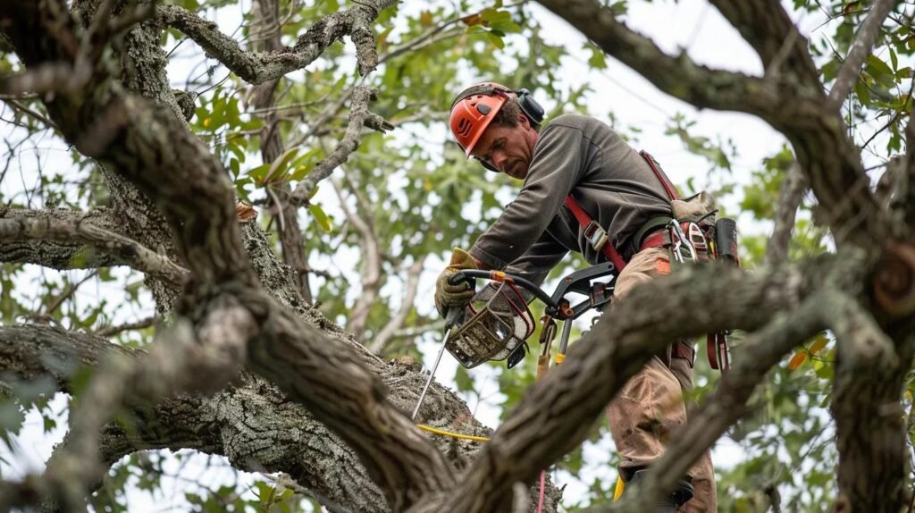 Tree service professional using chainsaw while pruning branches in a tree, emphasizing safety and expertise in tree care for commercial properties in Port Orange.