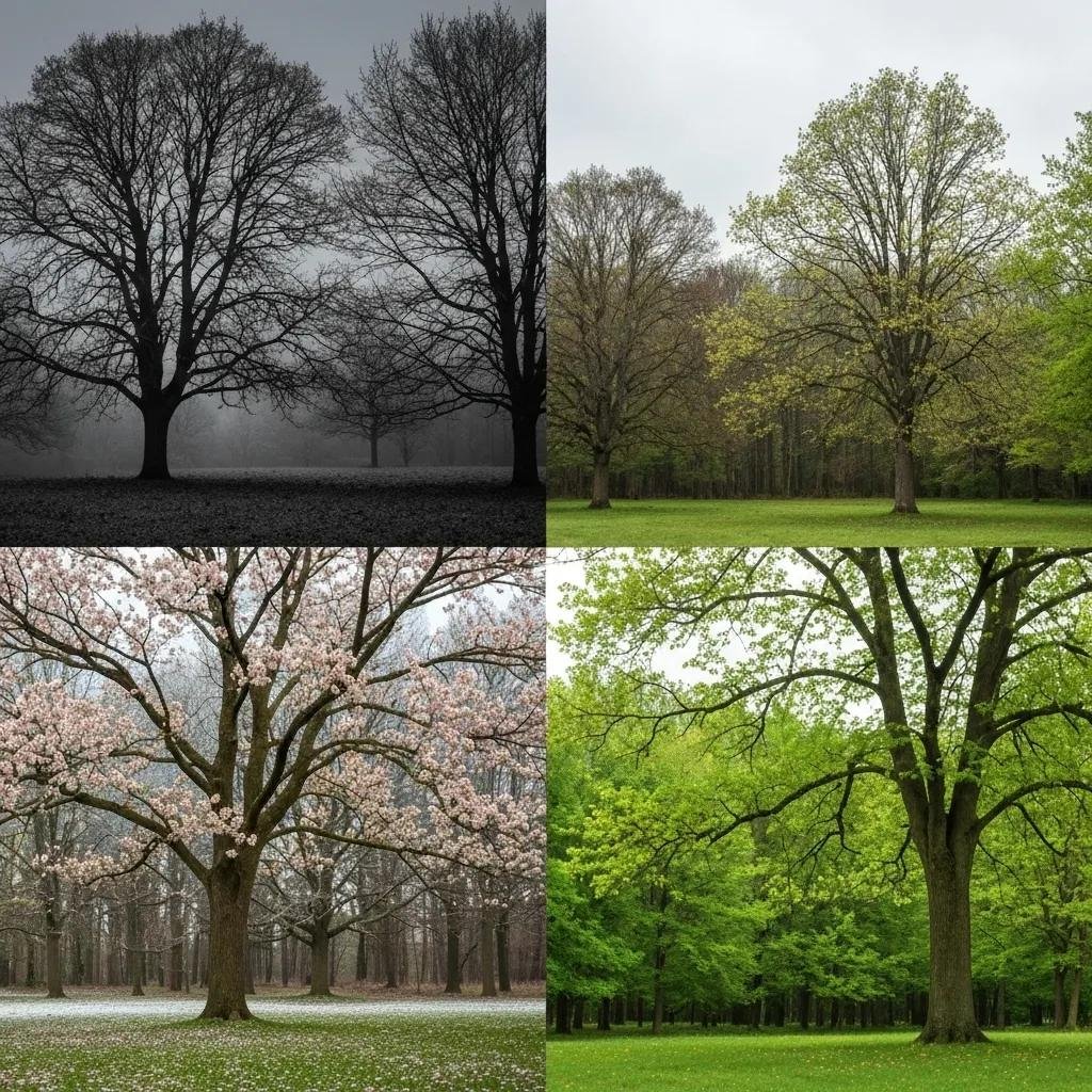 Seasonal tree growth stages showcasing bare branches in winter, budding leaves in spring, flowering trees in bloom, and full foliage in summer, emphasizing the importance of timing for effective tree pruning and care.