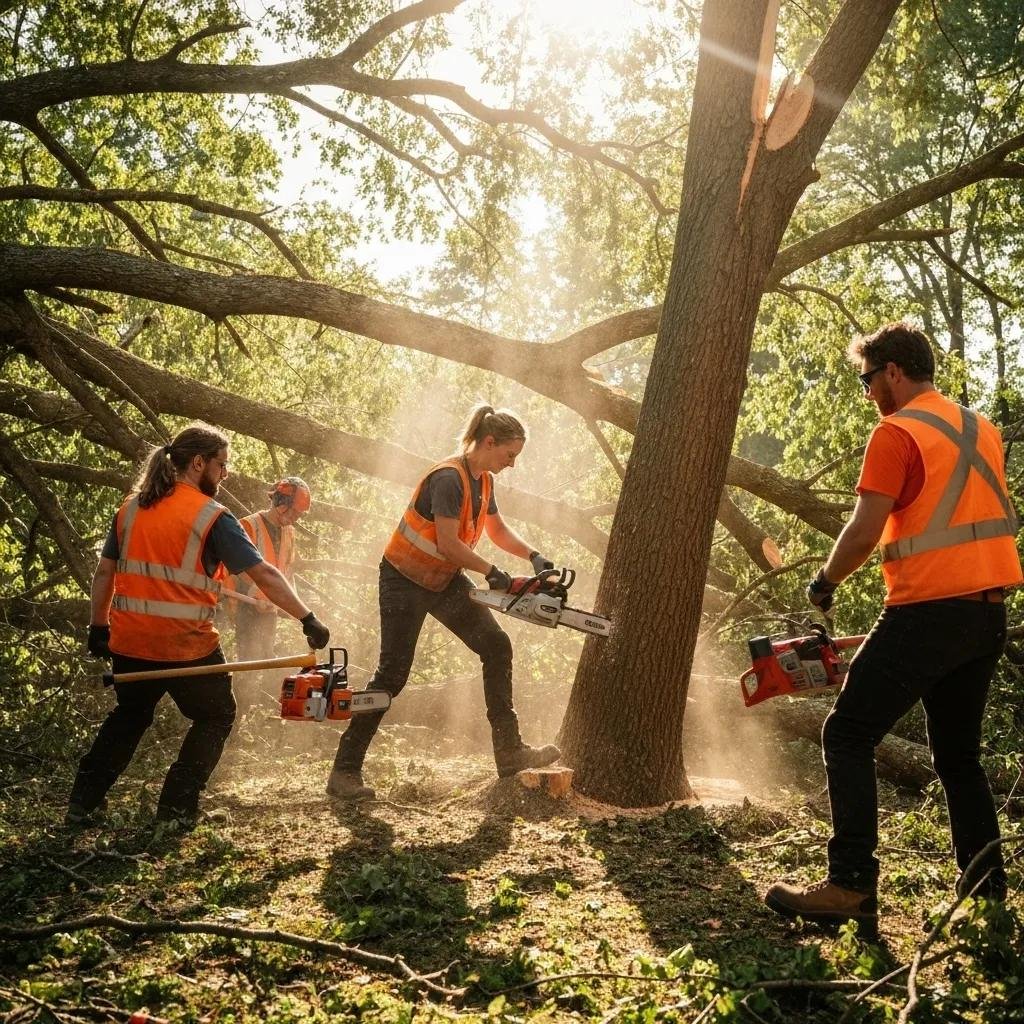Tree removal professionals in safety gear using chainsaws to cut down a tree, with fallen branches and dust in a well-lit outdoor setting.