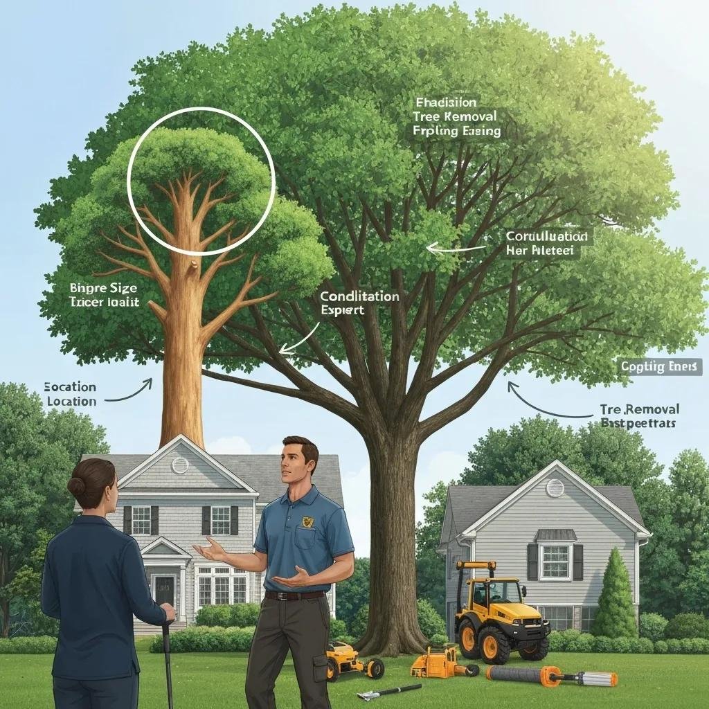 Illustration of a tree removal consultation showing a tree expert discussing tree condition, size, and location with a client, with tree care equipment visible in a residential setting.