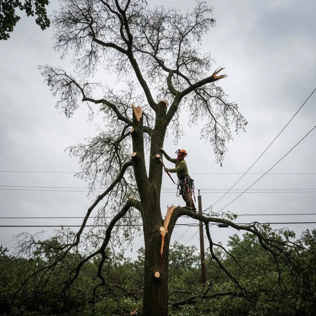 Tree service professional pruning a damaged tree limb, emphasizing emergency pruning techniques for tree health and safety in Port Orange.