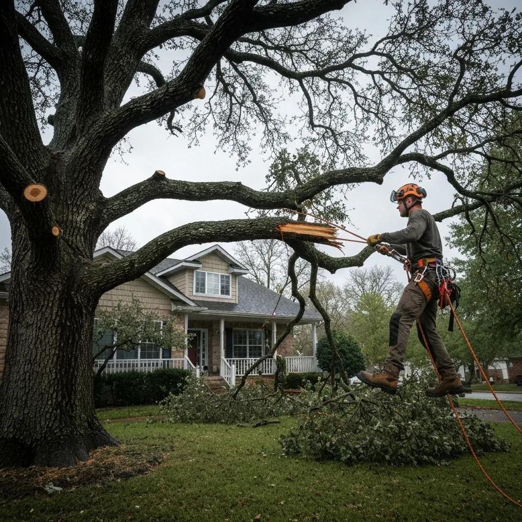 Tree service professional pruning a large tree branch near a house, demonstrating safe tree care techniques and emergency pruning practices for storm damage response.