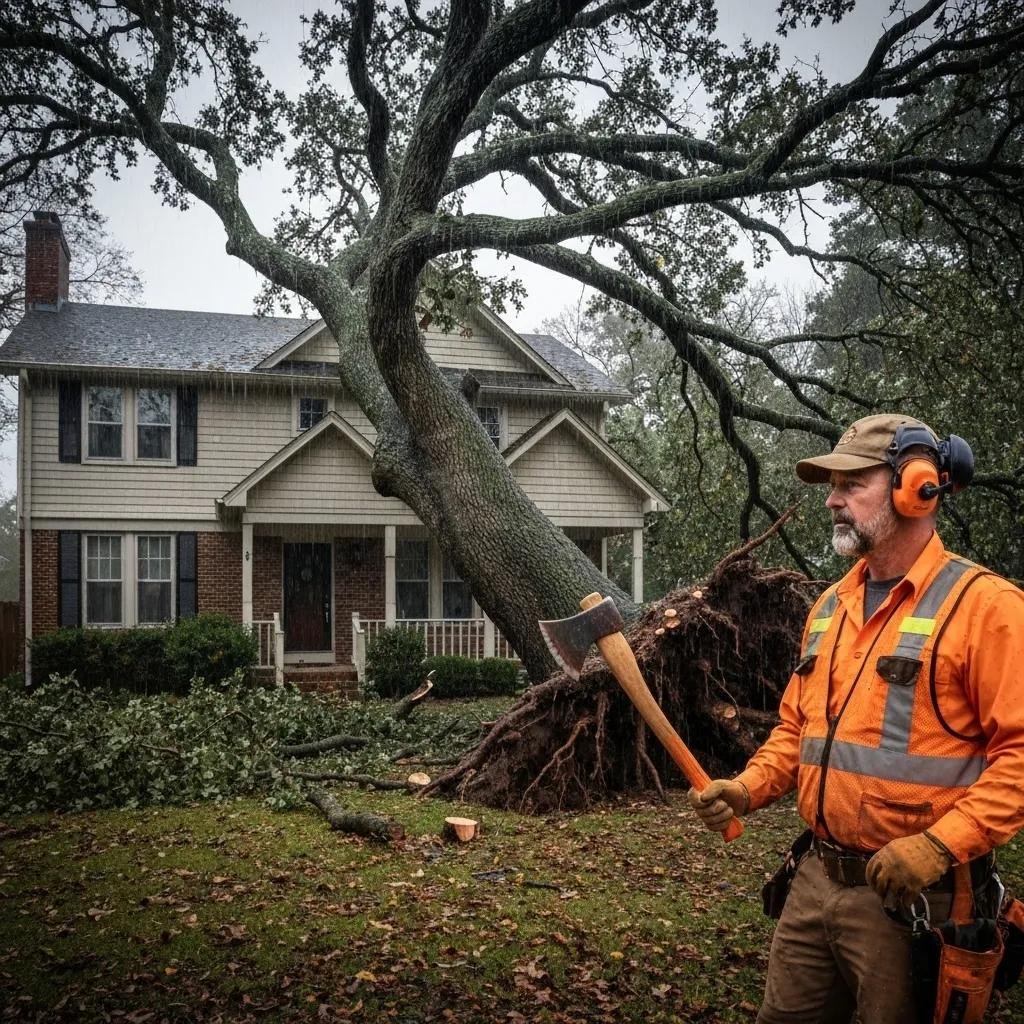 Tree service professional in safety gear standing near a fallen tree in front of a house, demonstrating emergency tree removal after storm damage.