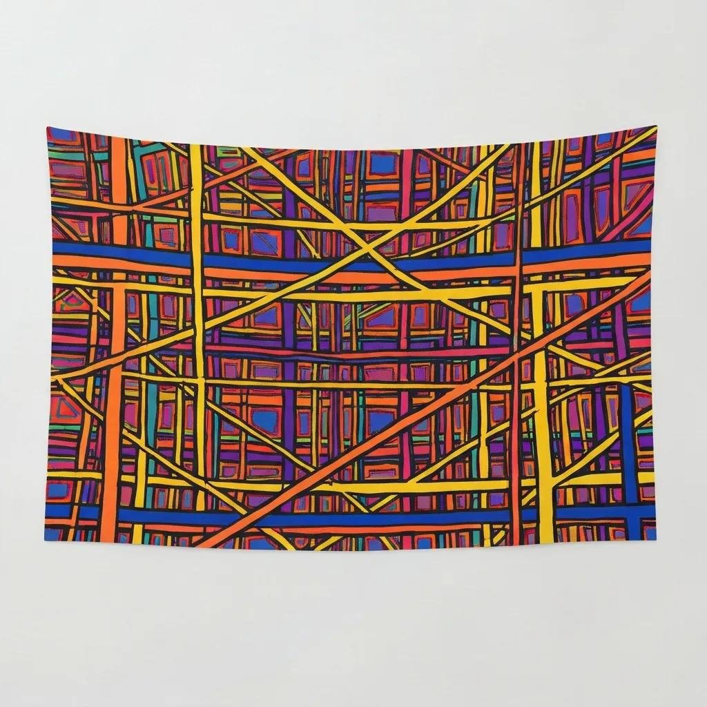 Colorful abstract art featuring intersecting lines and geometric shapes in vibrant hues of red, yellow, blue, and purple, representing dynamic energy and creativity.
