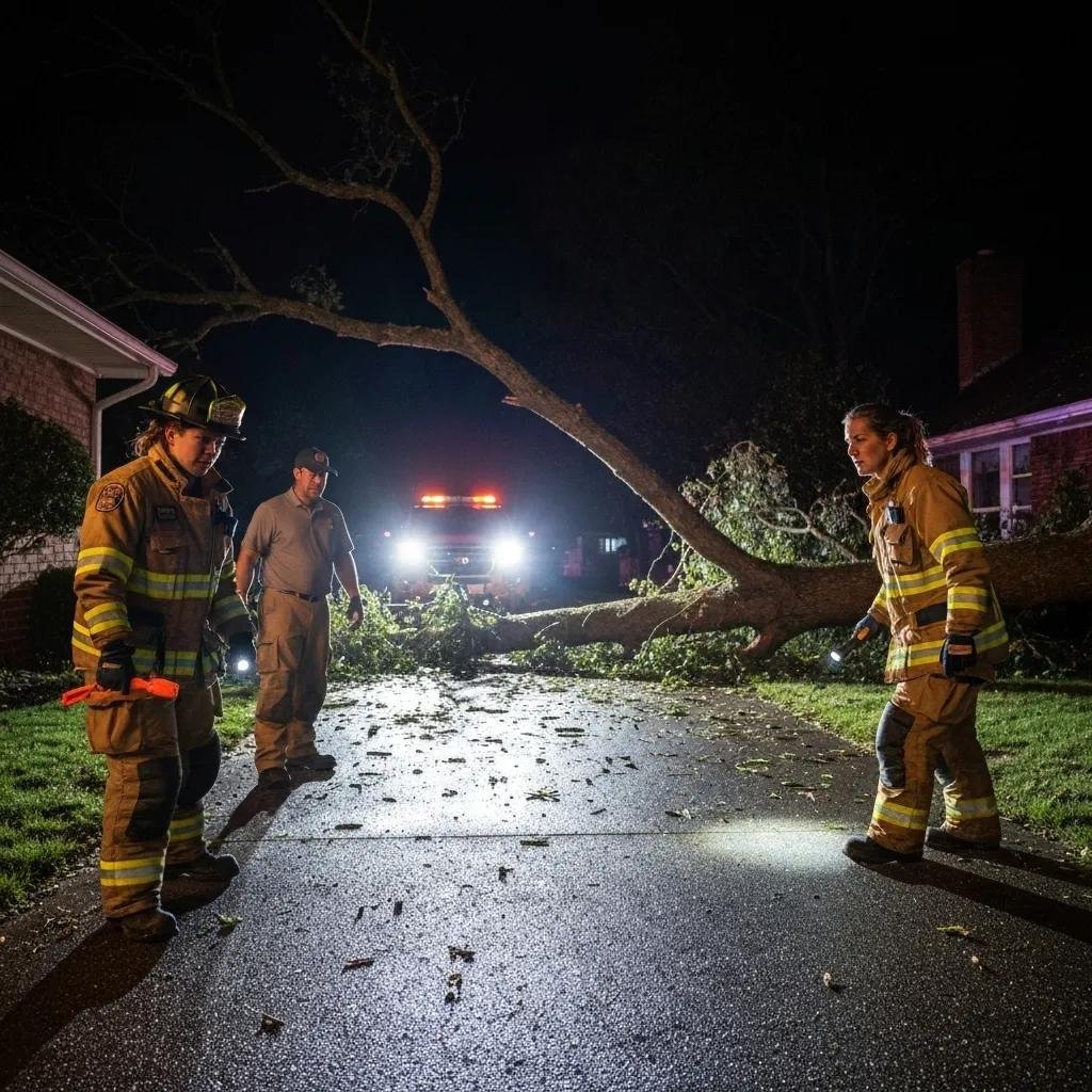 Firefighters assessing a fallen tree blocking a driveway at night, with emergency vehicle lights illuminating the scene, highlighting the urgency of emergency tree removal after storm damage.