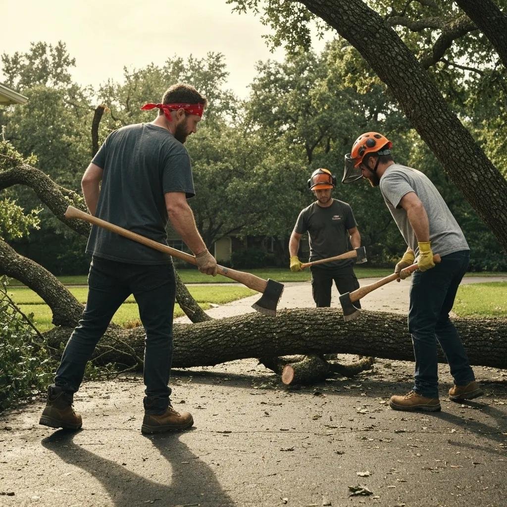 Three arborists in work attire using axes to remove a fallen tree branch in a residential area, demonstrating emergency tree removal response and safety measures.