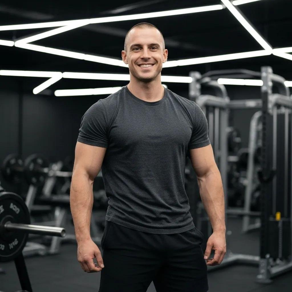Man smiling in a gym setting, wearing a fitted gray t-shirt and black shorts, showcasing fitness and strength.