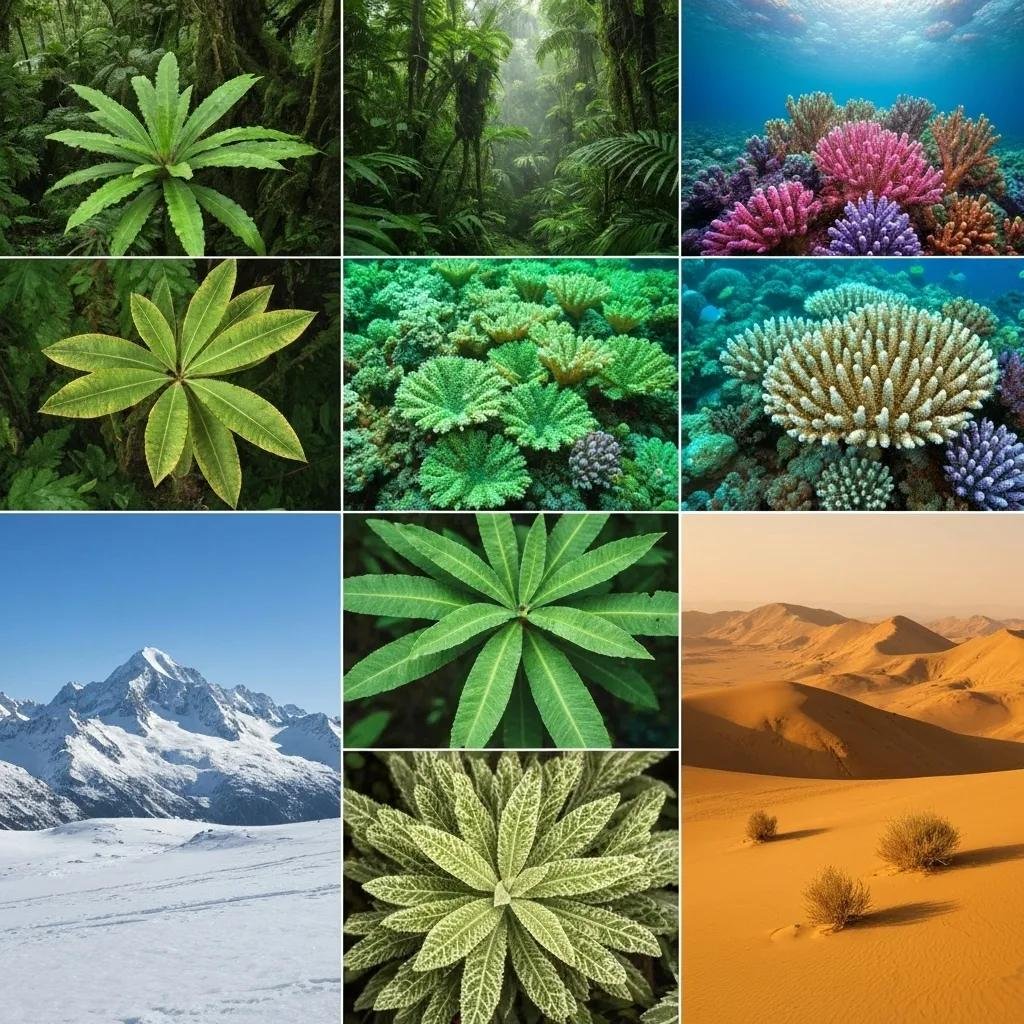 Image showcasing diverse plant life, including tropical ferns and coral formations, highlighting the importance of tree removal and stump grinding services for maintaining healthy landscapes and preventing pest issues.