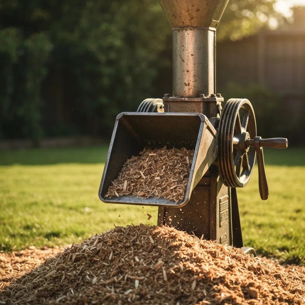 Stump grinder machine dispensing wood mulch onto a grassy area, illustrating stump grinding process for tree removal services.