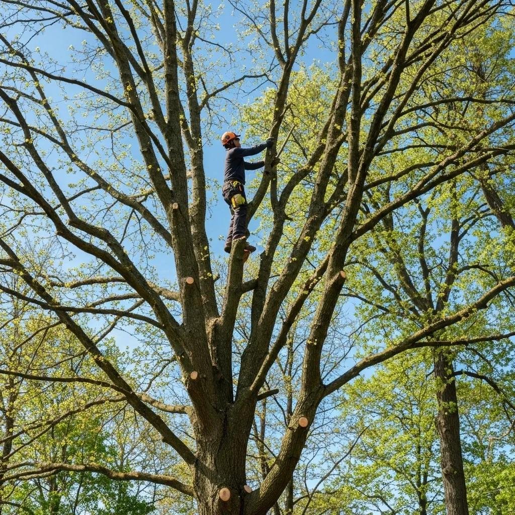 Tree service professional pruning branches in a tree, demonstrating effective tree care techniques for healthier growth and improved air circulation.