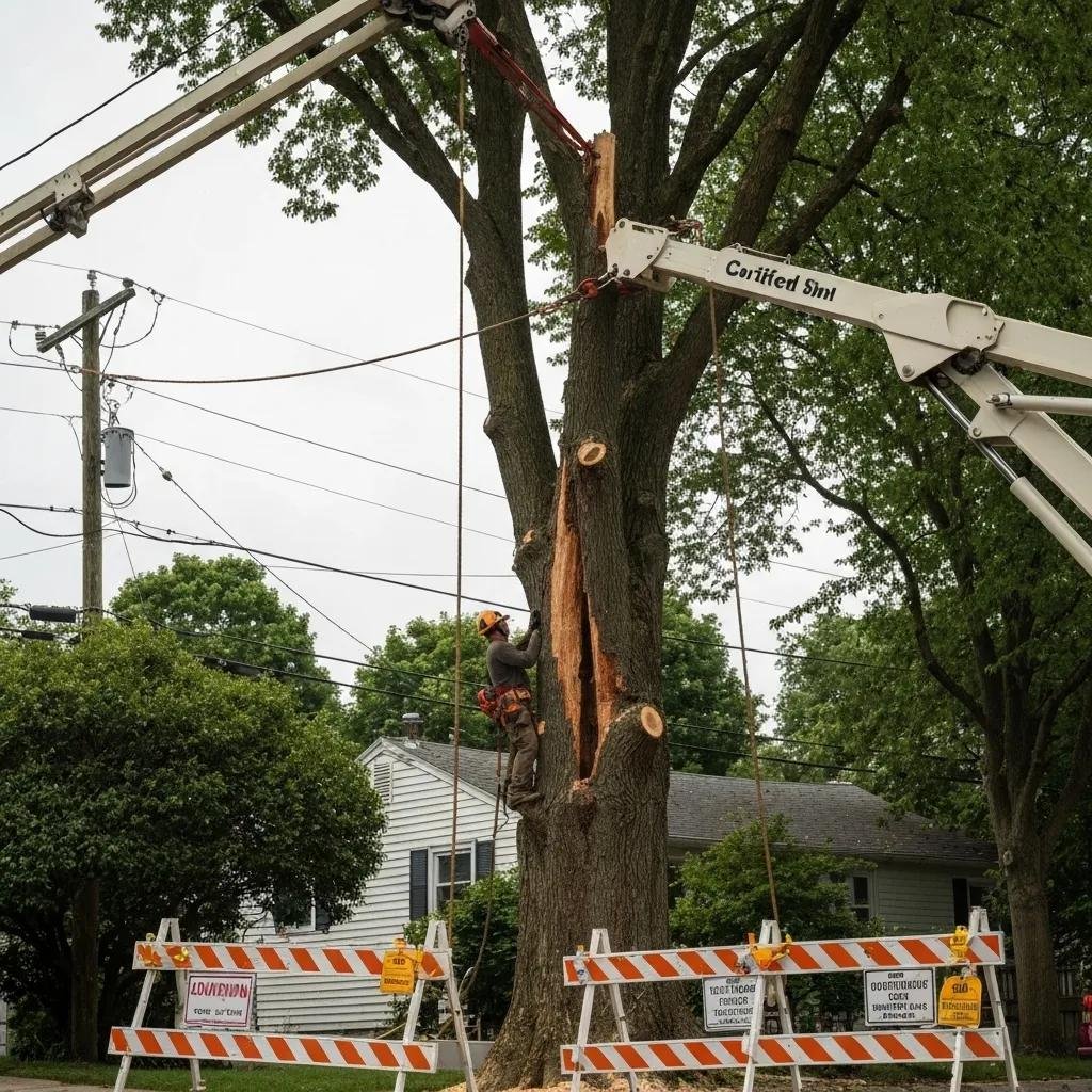 Tree removal expert using aerial lift to cut a damaged tree, with safety barricades and power lines in the background, highlighting emergency tree removal services.