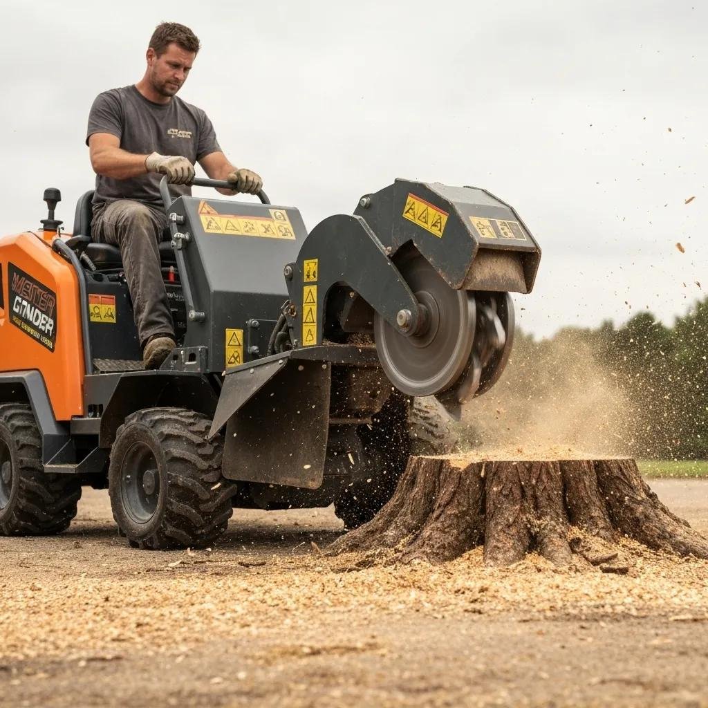 Professional stump grinder operating a machine to remove tree stump, surrounded by wood chips and dust, illustrating stump grinding services in Port Orange, Florida.