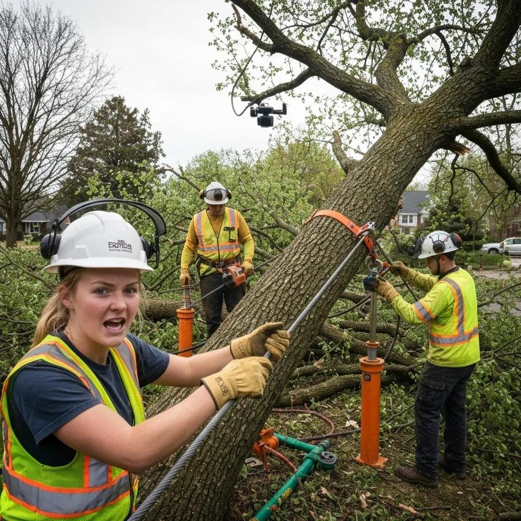 Tree removal team in safety gear using rigging equipment to dismantle a fallen tree in Port Orange, Florida, with a focus on safety and precision.