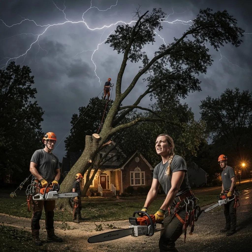 Emergency tree removal team assessing storm-damaged tree leaning over a house, with arborists using chainsaws under a stormy sky.