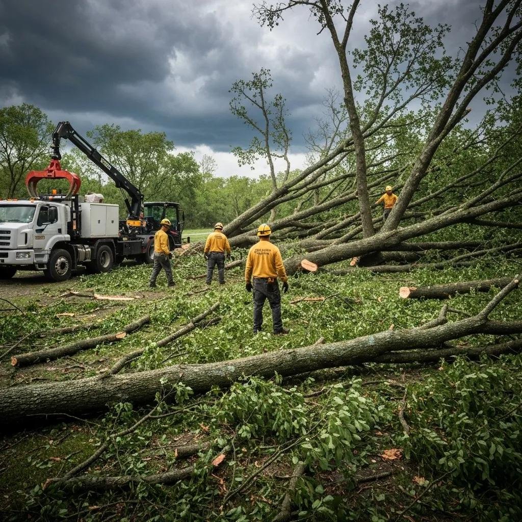 Tree service crew clearing fallen trees and debris after storm damage, utilizing specialized equipment for efficient removal in Volusia County.