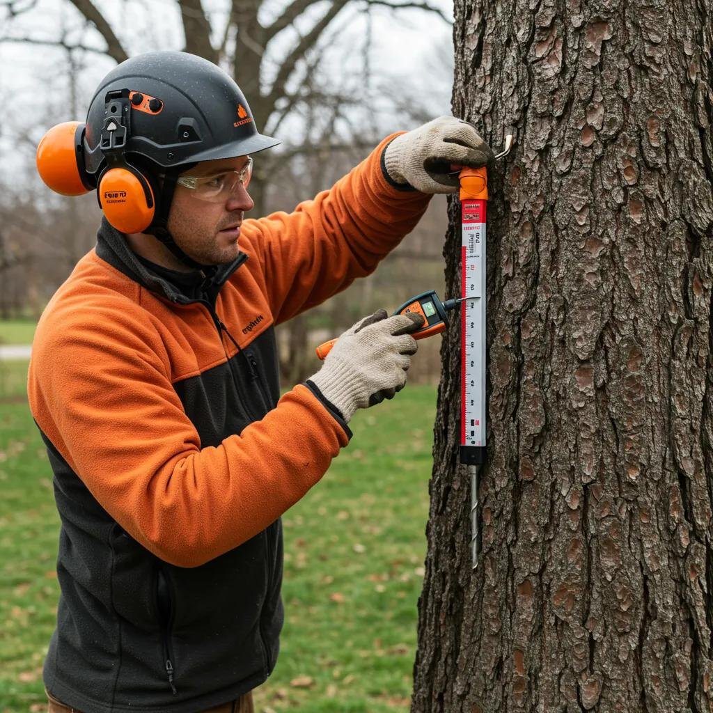 Professional arborist conducting a tree health inspection using specialized tools, measuring tree dimensions and assessing trunk condition in a park setting.