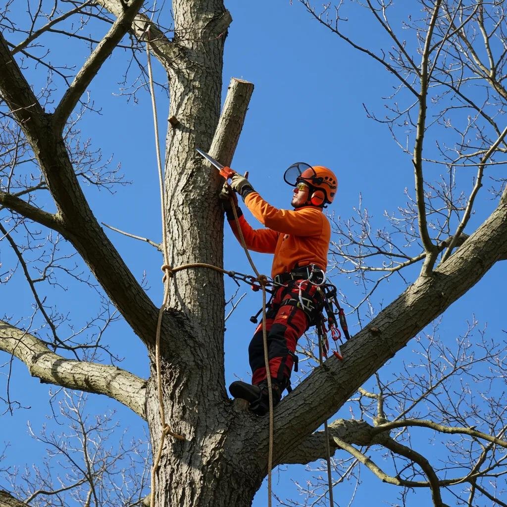 Arborist performing crown thinning on a tree, enhancing light and air circulation, wearing safety gear and using a chainsaw, against a clear blue sky.