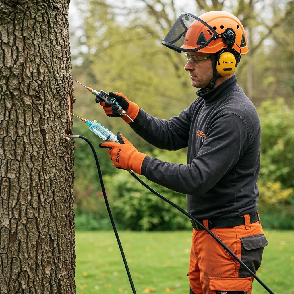 Arborist performing trunk injection treatment on a tree, using specialized equipment to deliver compounds for disease and pest management, wearing safety gear including helmet and gloves.