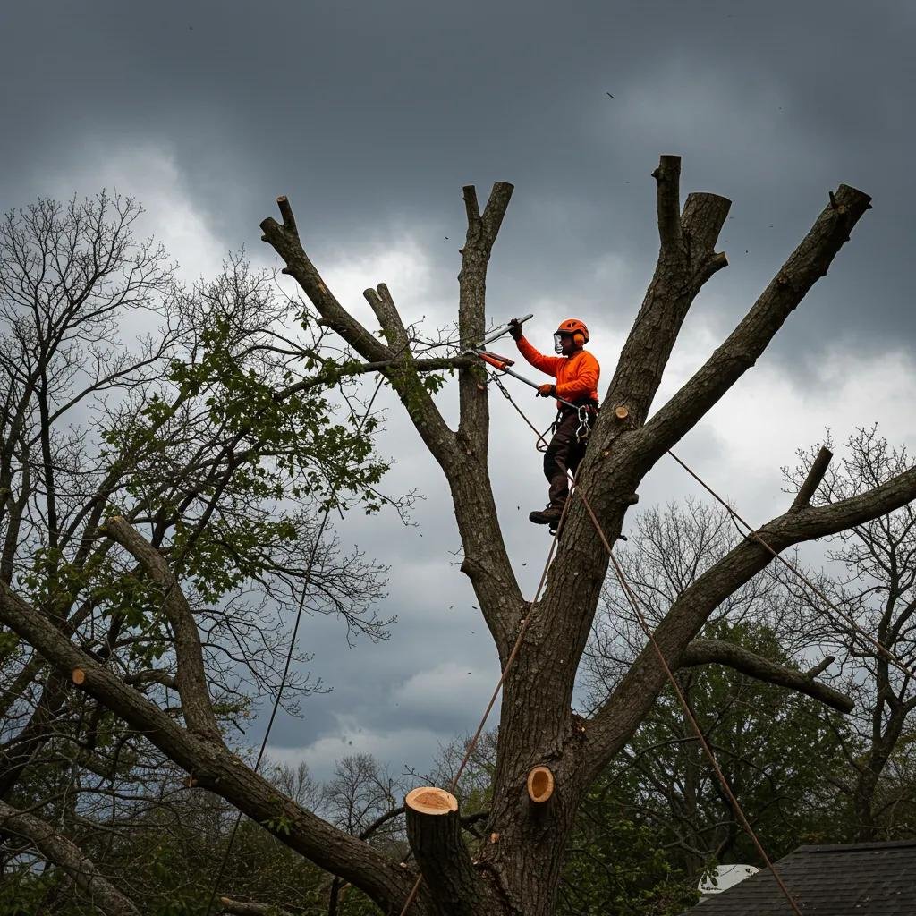 Arborist pruning a tree for storm preparation, wearing safety gear, highlighting safety measures and proper techniques to reduce storm damage risks.