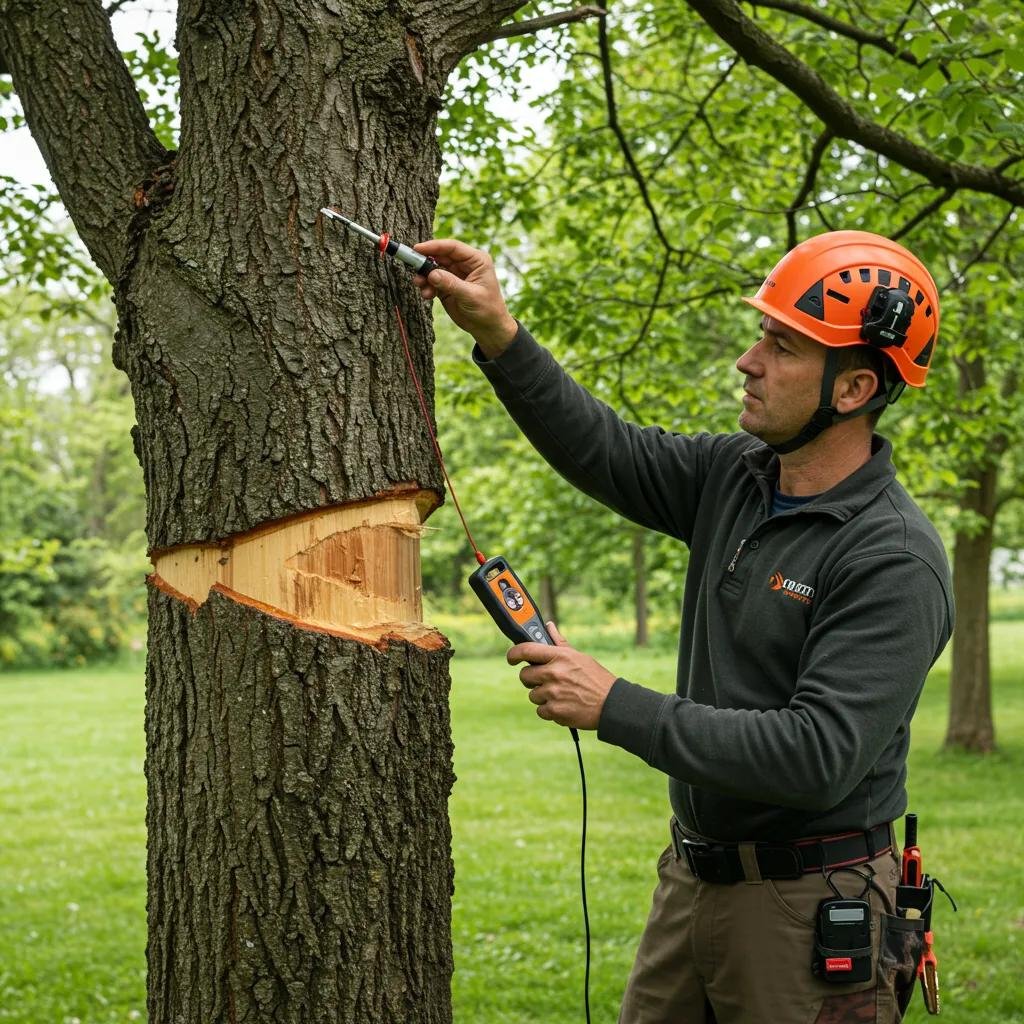 Certified arborist conducting a tree health assessment using diagnostic tools on a tree in a green landscape.