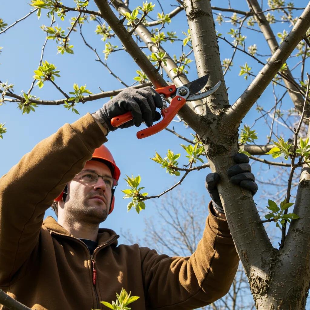Certified arborist pruning a tree in spring, focusing on tree maintenance and optimal growth, with green leaves and blue sky background.